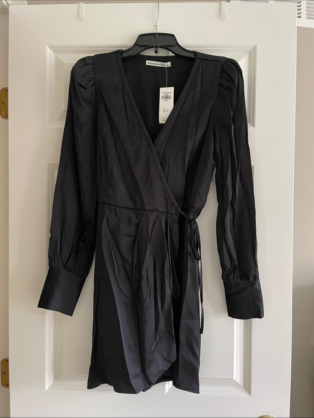 Abercrombie & Fitch Black Satin Long-Sleeve Wrap Mini Dress